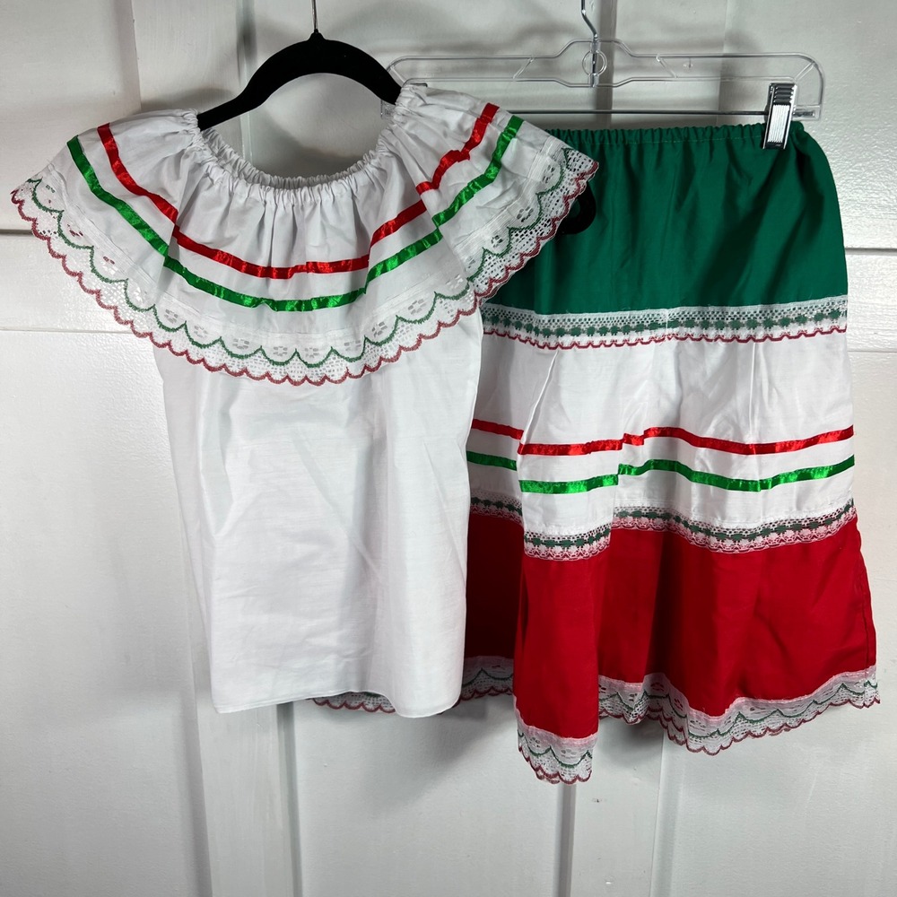 Mexican Folklorico Dress Set White Green Red Lace Ribbon Trim Costume 2PC